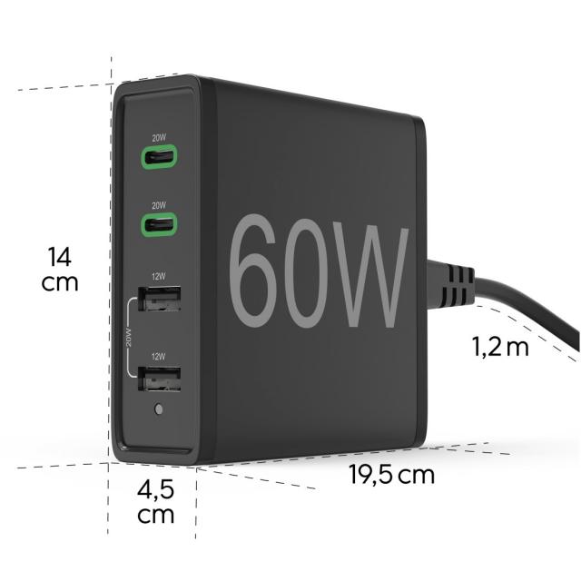 HAMA Зарядна станция 4 порта, 60W, 2 x USB-C, 2 x USB-A, PD, Fast Charge 