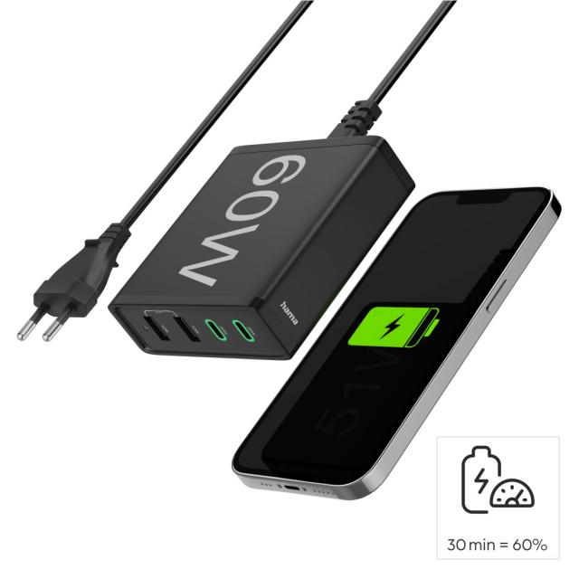 HAMA Зарядна станция 4 порта, 60W, 2 x USB-C, 2 x USB-A, PD, Fast Charge 