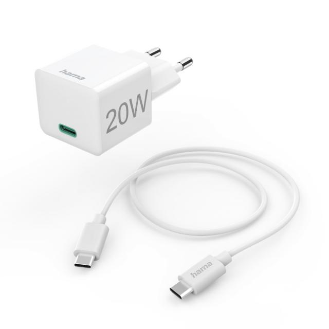 HAMA Комплект бързо мини зарядно с USB-C кабел за зареждане, PD, 20W, 1 м, бяло 