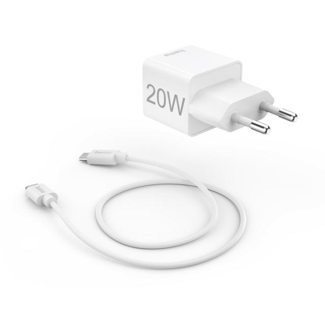 HAMA Комплект бързо мини зарядно с USB-C кабел за зареждане, PD, 20W, 1 м, бяло 