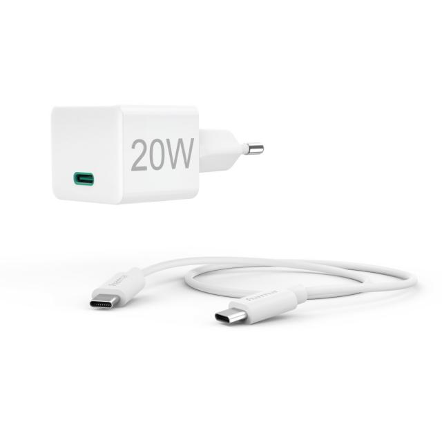 HAMA Комплект бързо мини зарядно с USB-C кабел за зареждане, PD, 20W, 1 м, бяло 