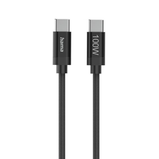 Hama "Fabric" Charging Cable, USB-C - USB-C, 100 W, 1.5 m, Nylon, black 