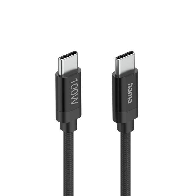 Hama "Fabric" Charging Cable, USB-C - USB-C, 100 W, 1.5 m, Nylon, black 