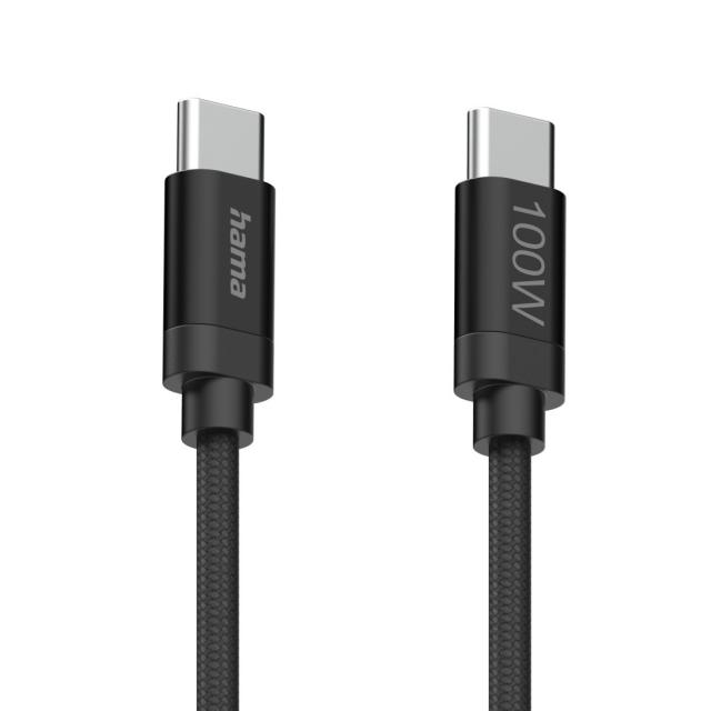 Hama "Fabric" Charging Cable, USB-C - USB-C, 100 W, 1.5 m, Nylon, black 