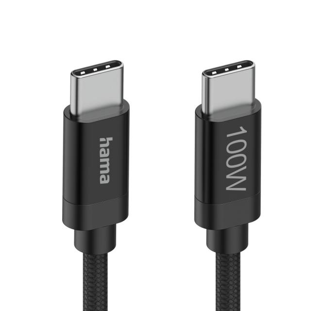 Hama "Fabric" Charging Cable, USB-C - USB-C, 100 W, 1.5 m, Nylon, black 