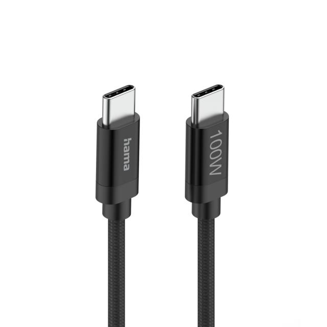 Hama "Fabric" Charging Cable, USB-C - USB-C, 100 W, 1.5 m, Nylon, black 