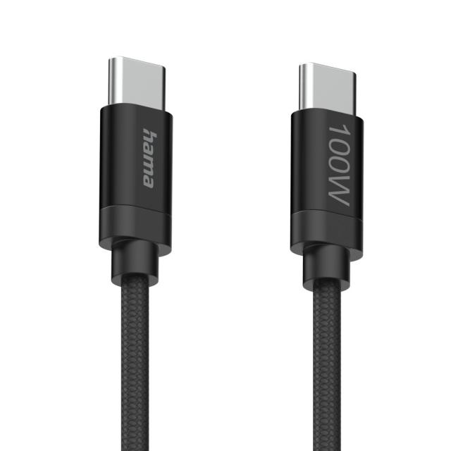 Hama "Fabric" Charging Cable, USB-C - USB-C, 100 W, 1.5 m, Nylon, black 