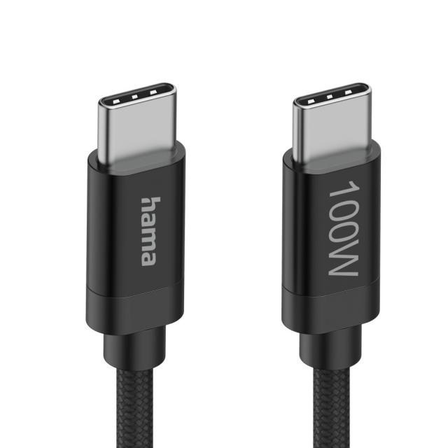 Hama "Fabric" Charging Cable, USB-C - USB-C, 100 W, 1.5 m, Nylon, black 