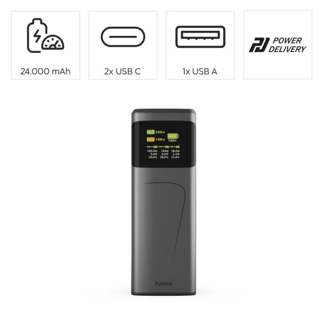 HAMA Външна батерия „High Power“, 200 W, 24000 mAh, 2x USB-C, USB-A, бързо зареждане 