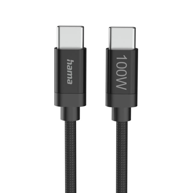 Hama "Fabric" Charging Cable, USB-C - USB-C, 100 W, 3 m, Nylon, black 
