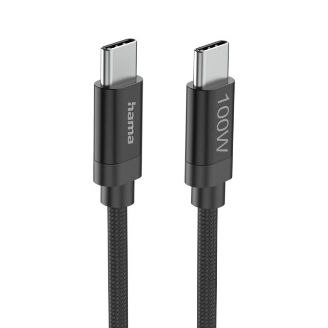 Hama "Fabric" Charging Cable, USB-C - USB-C, 100 W, 3 m, Nylon, black 