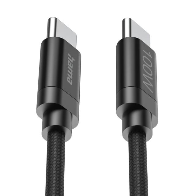 Hama "Fabric" Charging Cable, USB-C - USB-C, 100 W, 3 m, Nylon, black 