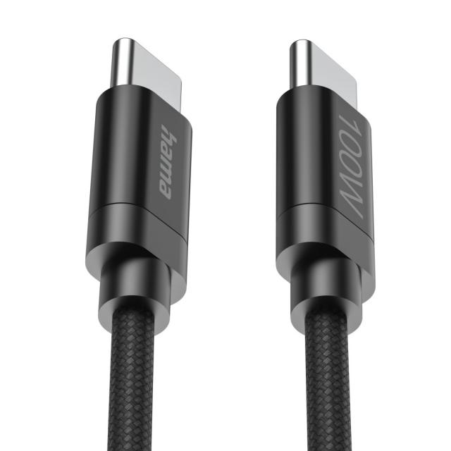 Hama "Fabric" Charging Cable, USB-C - USB-C, 100 W, 3 m, Nylon, black 