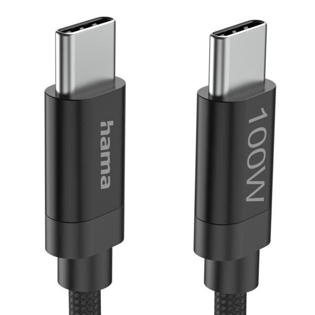 Hama "Fabric" Charging Cable, USB-C - USB-C, 100 W, 3 m, Nylon, black 