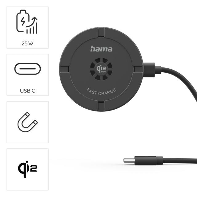 HAMA Безжично зарядно устройство Qi2 25W, бързо зареждане, черно 