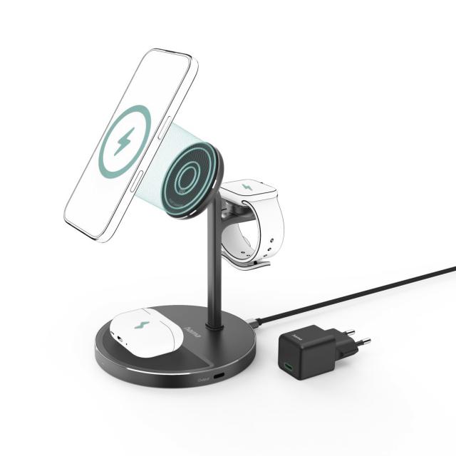 Hama Qi2 Wireless Charger, Inductive Fast Charging, 3in1 Charging Station, 15 W 
