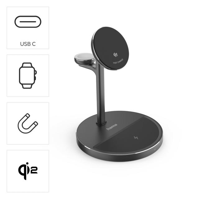 Hama Qi2 Wireless Charger, Inductive Fast Charging, 3in1 Charging Station, 15 W 