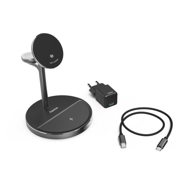 Hama Qi2 Wireless Charger, Inductive Fast Charging, 3in1 Charging Station, 15 W 
