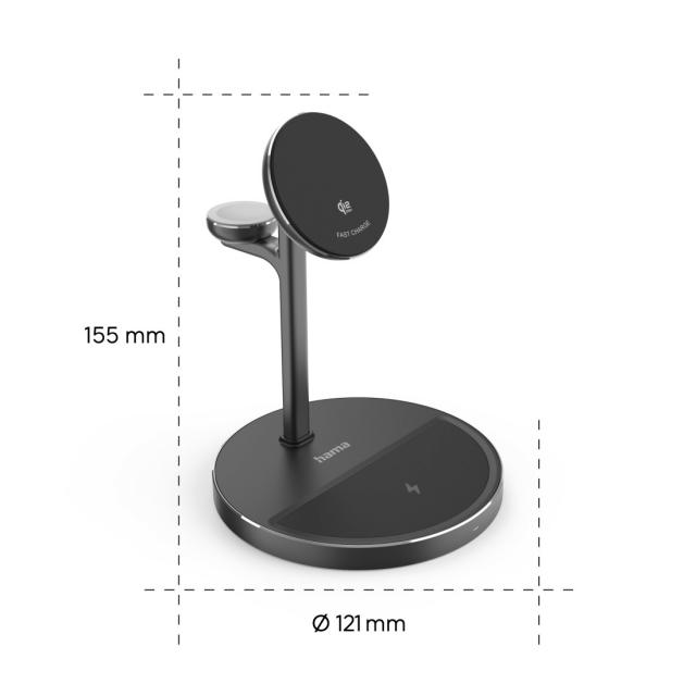 Hama Qi2 Wireless Charger, Inductive Fast Charging, 3in1 Charging Station, 15 W 