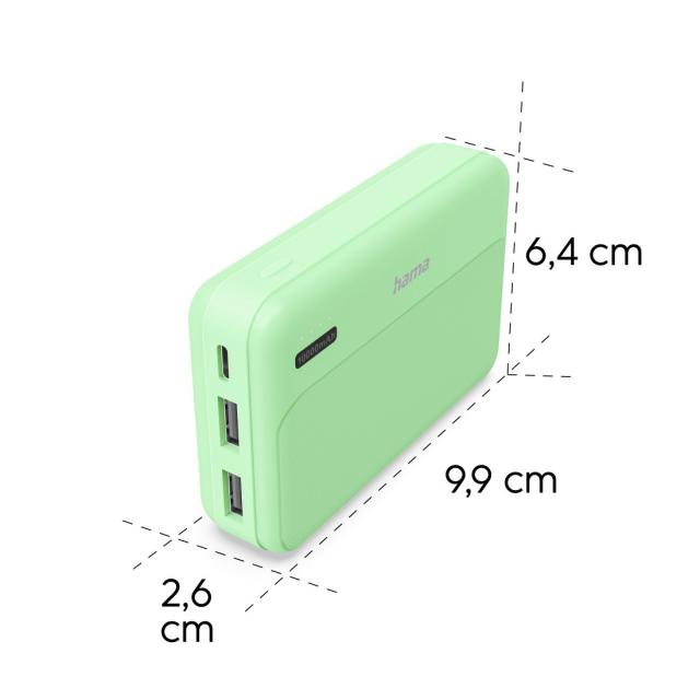 HAMA Външна батерия "Pocket 10", 10000 mAh, Изходи: 2x USB-A, зелена 