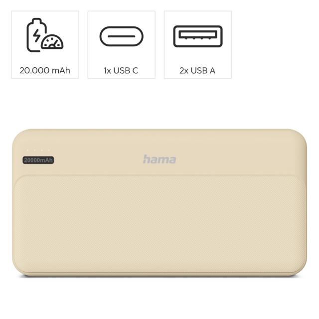Hama "Pocket 20" Power Pack, 20000 mAh, Outputs: 2x USB-A, sand 