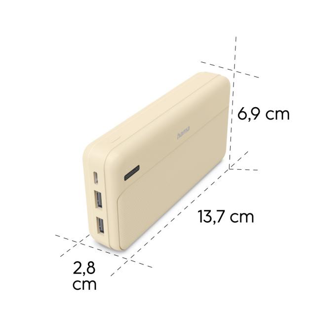 Hama "Pocket 20" Power Pack, 20000 mAh, Outputs: 2x USB-A, sand 