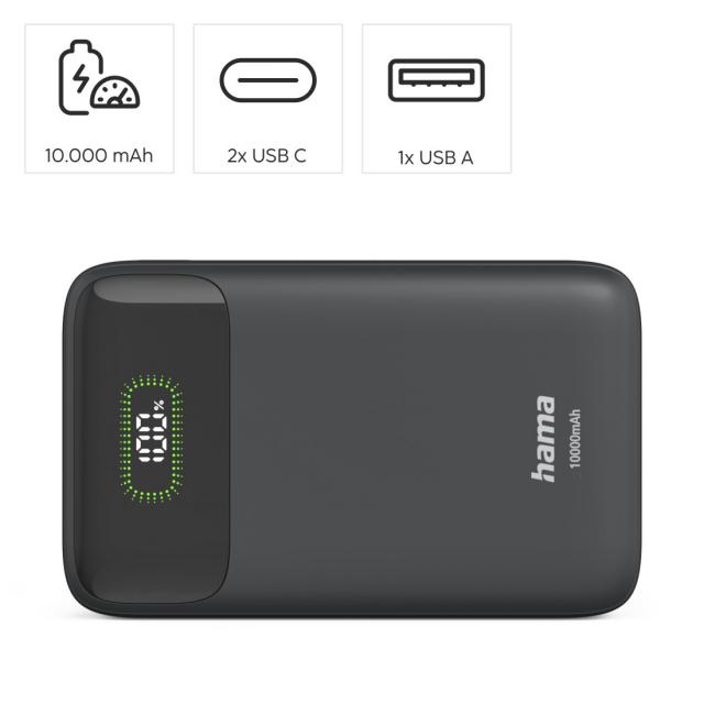 Hama "PD10-W20" Power Pack 10000mAh, Outputs: USB-C, USB-A, Fast Charging, anth. 