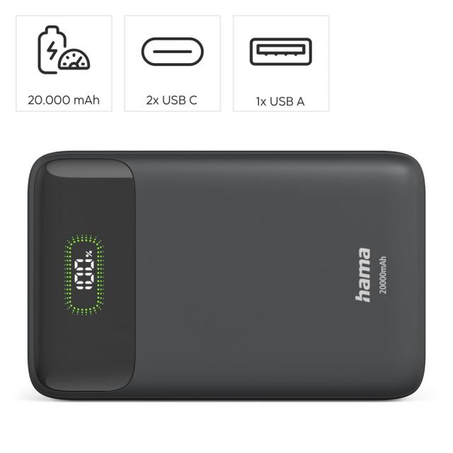 Hama "PD20-W20" Power Pack, 20,000 mAh, Output: 2x USB-C, USB-A, Fast Charging, 