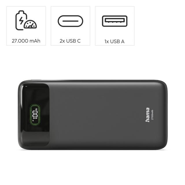 HAMA Външна батерия "PD27-W65", 27000 mAh, Изходи: 2xUSB-C, USB-A, Бързо зареждане 