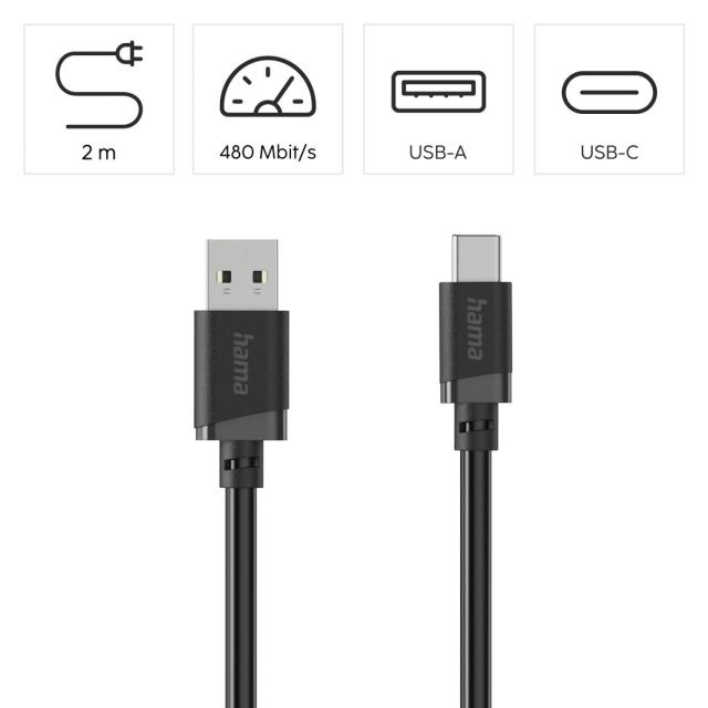 Hama Charging Cable, USB-A - USB-C, 2 m, black 