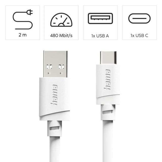 Hama Charging Cable, USB-A - USB-C, 2 m, white 
