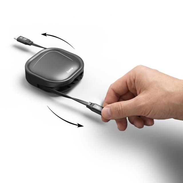 HAMA Прибиращ се кабел за зареждане, USB-C - USB-C, 60 W, 1 м 