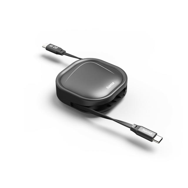 HAMA Прибиращ се кабел за зареждане, USB-C - USB-C, 60 W, 1 м 