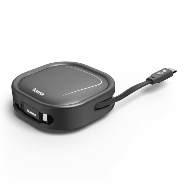 HAMA Прибиращ се кабел за зареждане, USB-C - USB-C, 60 W, 1 м 