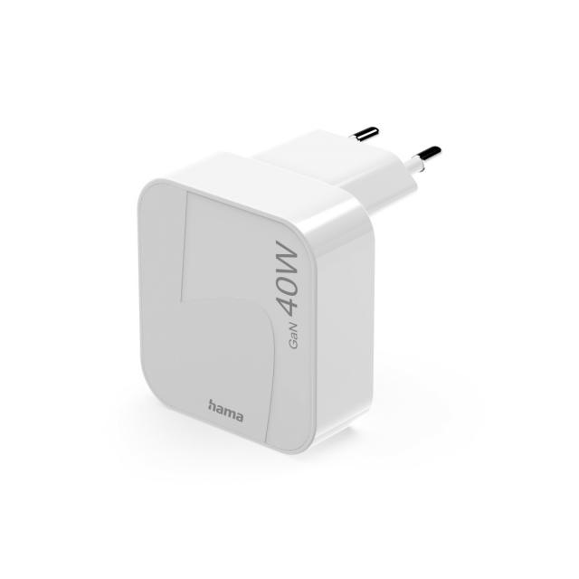 Hama Fast Charger, GaN, 2x USB-C, Folding Mini Charger, PD, 40 W, white 