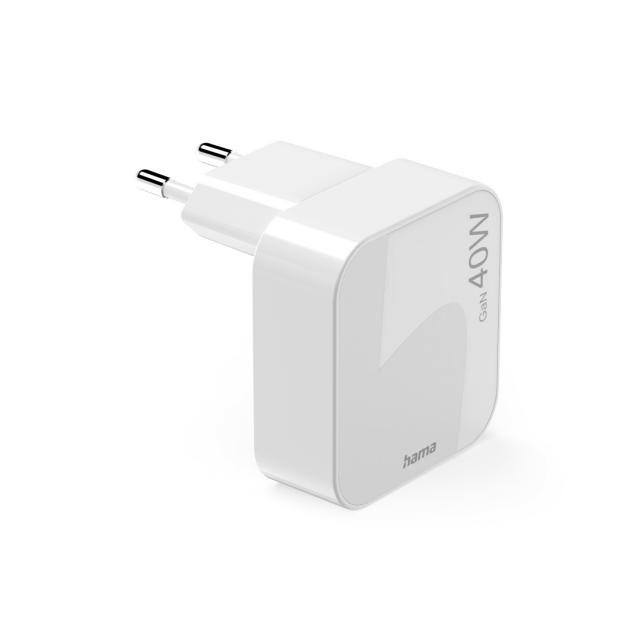 Hama Fast Charger, GaN, 2x USB-C, Folding Mini Charger, PD, 40 W, white 
