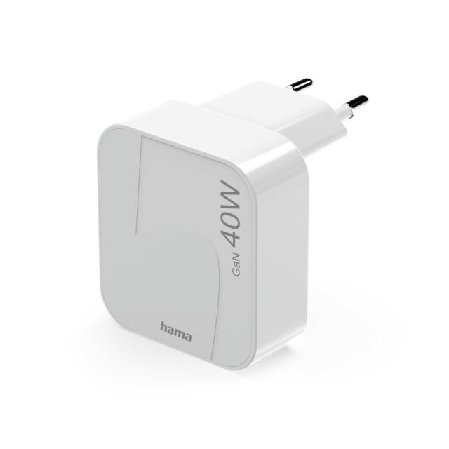 Hama Fast Charger, GaN, 2x USB-C, Folding Mini Charger, PD, 40 W, white 
