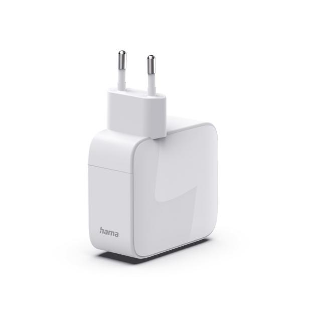 Hama Fast Charger, GaN, 2x USB-C, Extendable Charging Cable, PD, 30 W, white 