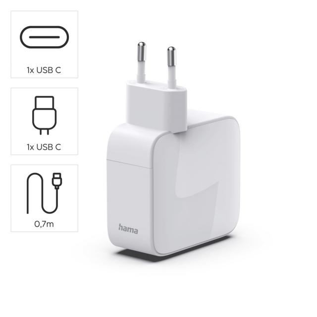 Hama Fast Charger, GaN, 2x USB-C, Extendable Charging Cable, PD, 30 W, white 