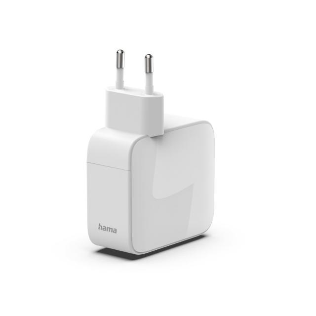 Hama Fast Charger, GaN, 2x USB-C, Extendable Charging Cable, PD, 65 W, white 
