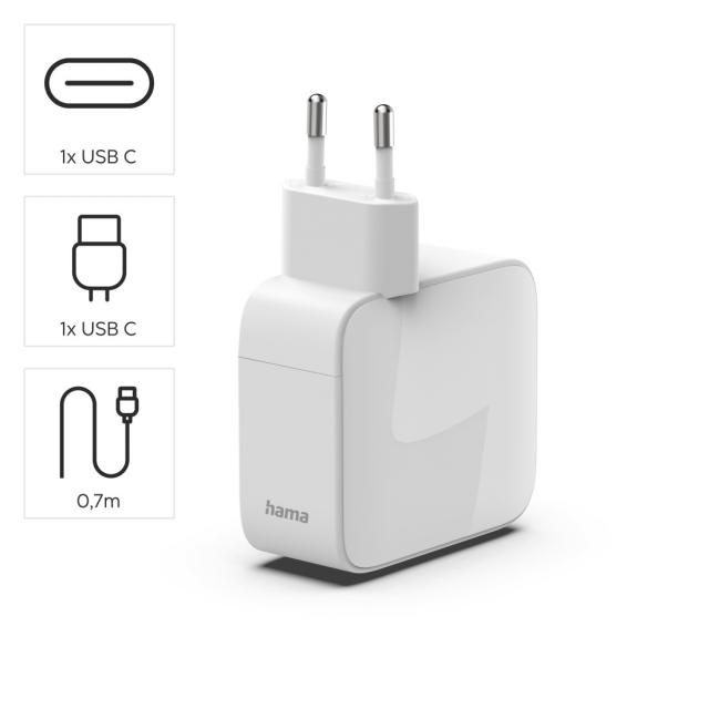 Hama Fast Charger, GaN, 2x USB-C, Extendable Charging Cable, PD, 65 W, white 