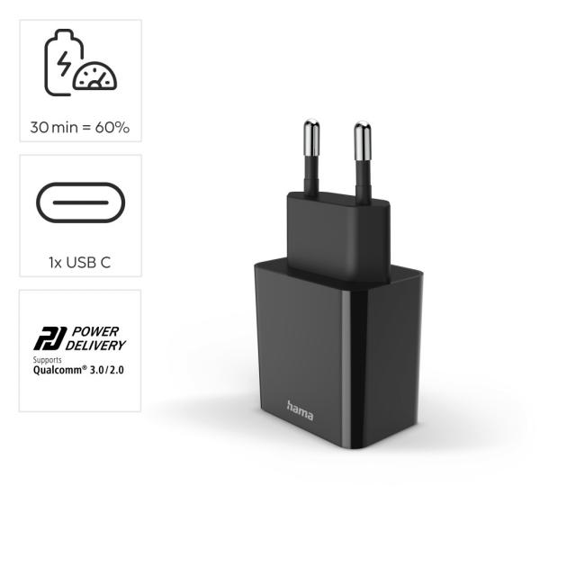 HAMA Бързо зарядно, USB-C, PD, 20 W, черно 