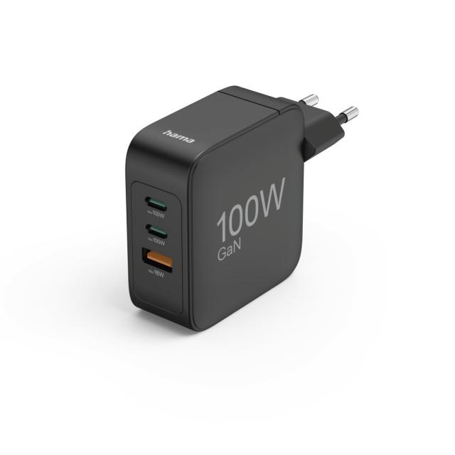 Hama Fast Charger, GaN, 2x USB-C, 1x USB-A, PD, 100 W, black 