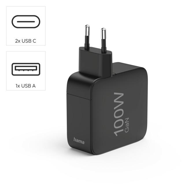 Hama Fast Charger, GaN, 2x USB-C, 1x USB-A, PD, 100 W, black 