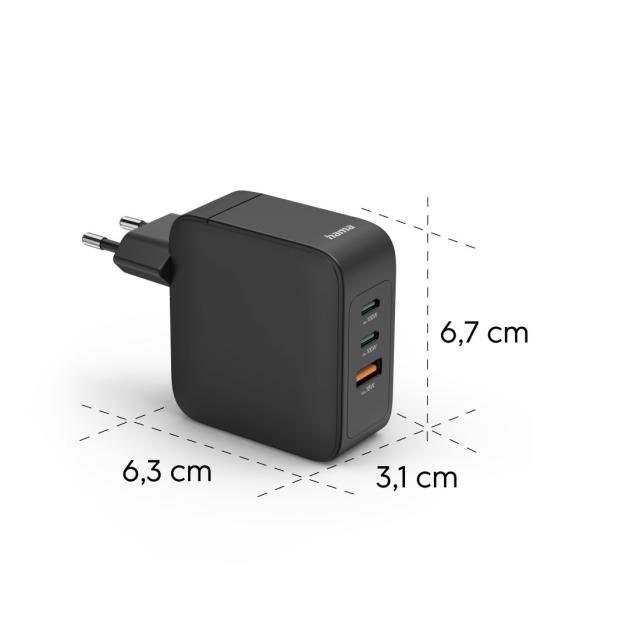 Hama Fast Charger, GaN, 2x USB-C, 1x USB-A, PD, 100 W, black 