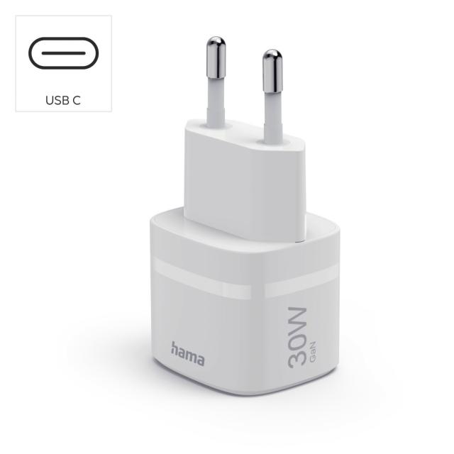 Hama Fast Charger, GaN, USB-C, PD/Qualcomm®, Zero Standby, 30 W, white 