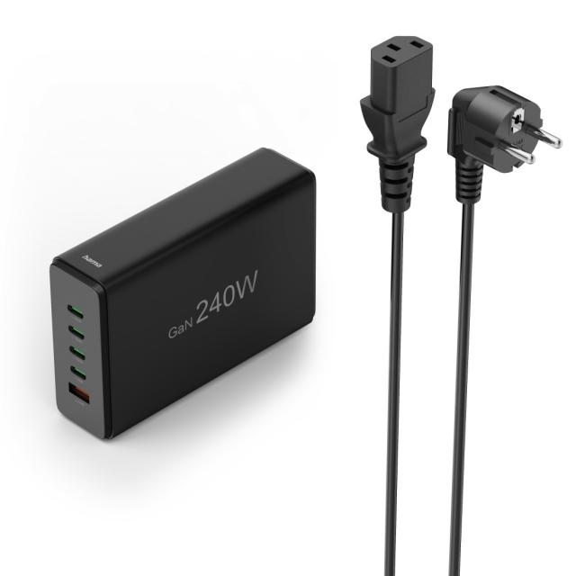 HAMA Зарядна станция 240 W, GaN, Fast Charger, 4 x USB-C, 1 x USB-A, PD 