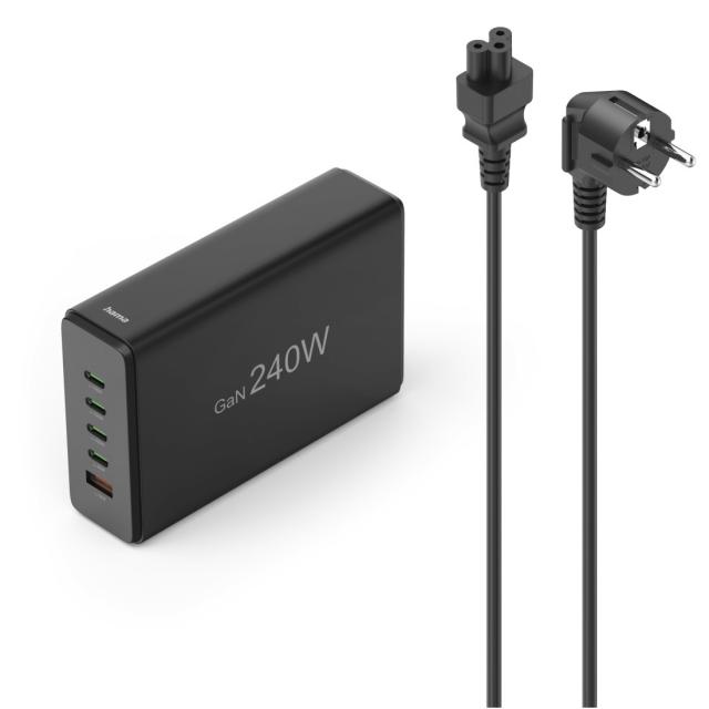 HAMA Зарядна станция 240 W, GaN, Fast Charger, 4 x USB-C, 1 x USB-A, PD 