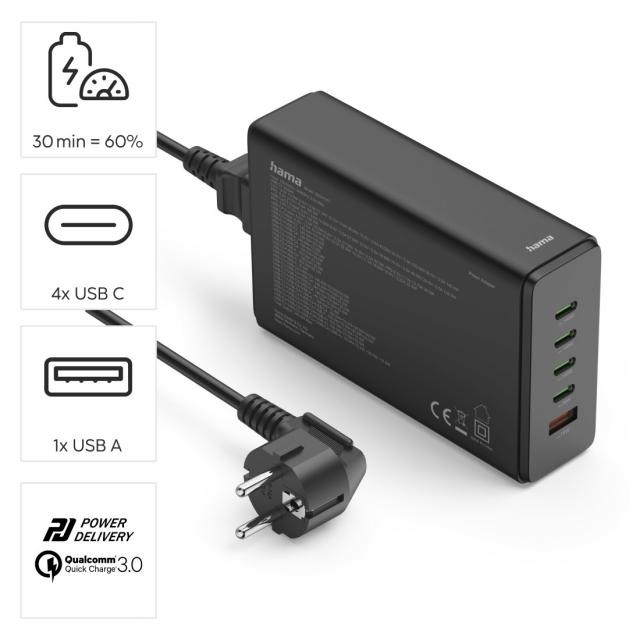 HAMA Зарядна станция 240 W, GaN, Fast Charger, 4 x USB-C, 1 x USB-A, PD 