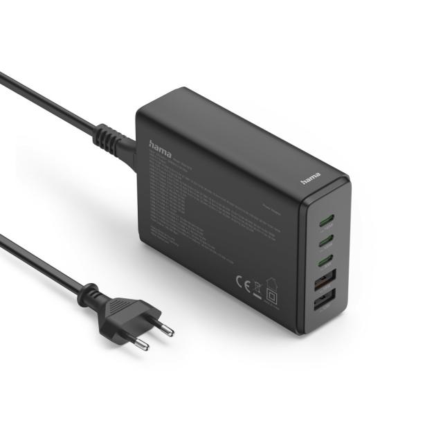 HAMA Зарядна станция 140 W, GaN, Fast Charger, 3 x USB-C, 2 x USB-A, PD 